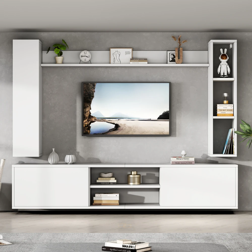 Ensemble mural TV 180*35*33,5 cm avec vitrines (ensemble complet, 4 pièces), panneau TV, support et 2 étagères murales, meuble TV, TV jusqu'à 80'