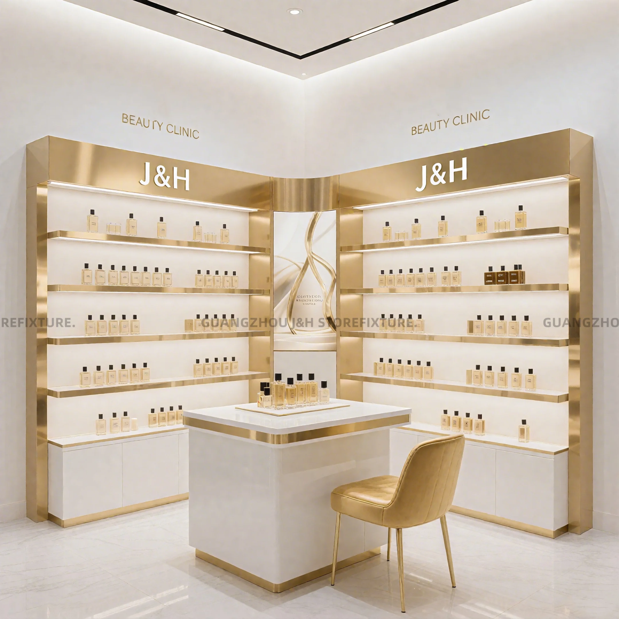 Custom.Custom.Custom.أرفف عرض مستحضرات التجميل الذهبية الفاخرة تركيبات متجر البيع بالتجزئة الحديثة لعرض منتجات التجميل الراقية Dis