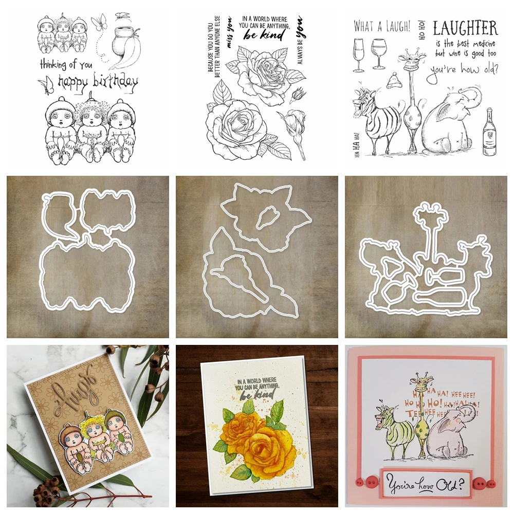 Elefant, Zebra, Elfe, Rose, gemischte Stanzformen, „Thinking of You“-Wörter, klare Stempel für DIY-Scrapbooking, Geburtstag, Papierkarten, Basteln