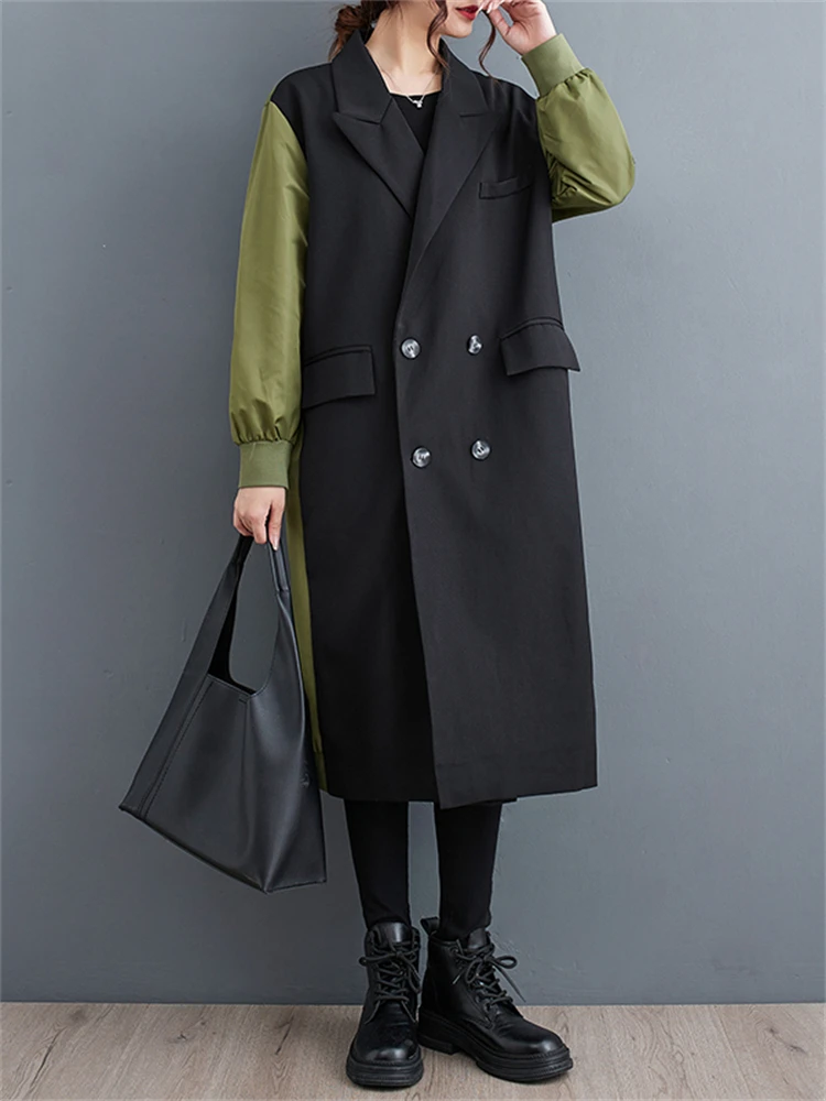 2026 Autumn Winter Oversized Turn-down Collar Trench Coat For Women Casual Loose Vintage Patchwork Fashion Outerwear Cardigan