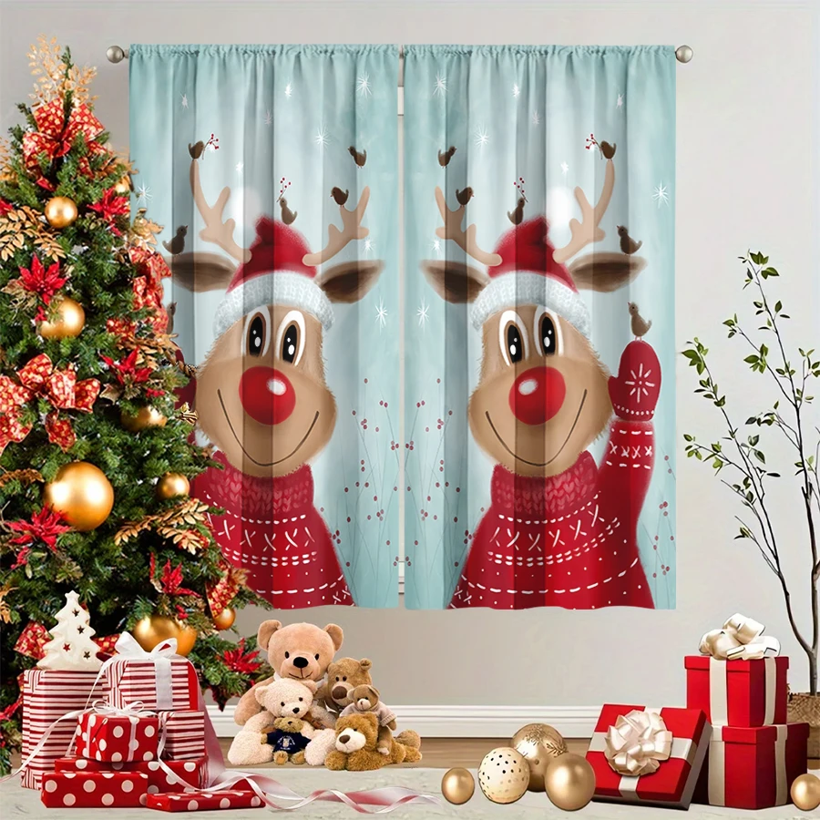 2PCS Christmas Winter Curtains, Cartoon Reindeer Sweater Bird Blue Cute, Digital Print, Bedroom Living Room, Home Decor