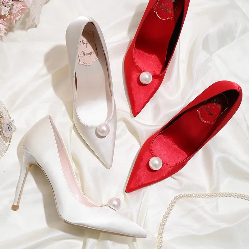 2025 New Pointed White Pearl 7cm Thin High Heel Women's Red Bridal Wedding Shoes