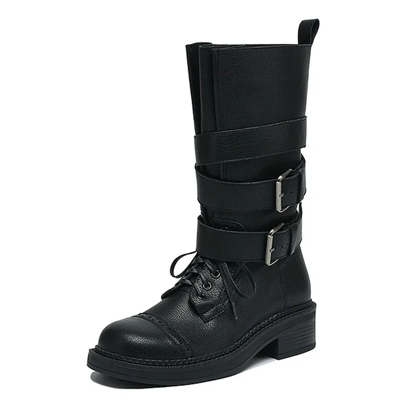 

2025 новые мотоциклетные женские ботинки на платформе, ботинки до середины икры из натуральной кожи, модные осенне-зимние ботинки