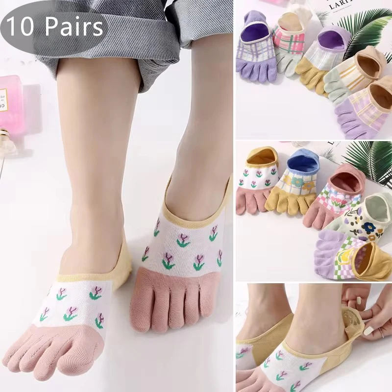 

10 Pairs Woman Invisible Toe Socks Summer Cotton Flowers Grid Shallow Mouth No Show 5 Finger Socks Beautiful Harajuku Socks