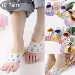 10 Pairs Woman Invisible Toe Socks Summer Cotton Flowers Grid Shallow Mouth No Show 5 Finger Socks Beautiful Harajuku Socks