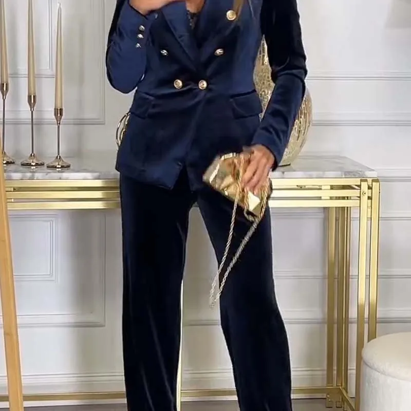 مزدوجة الصدر بدلة مخملية بنطلون قطعتين جديد الخريف الشتاء المرأة موضة بنطلون دعوى المرأة بدلة رياضية بانت مجموعات