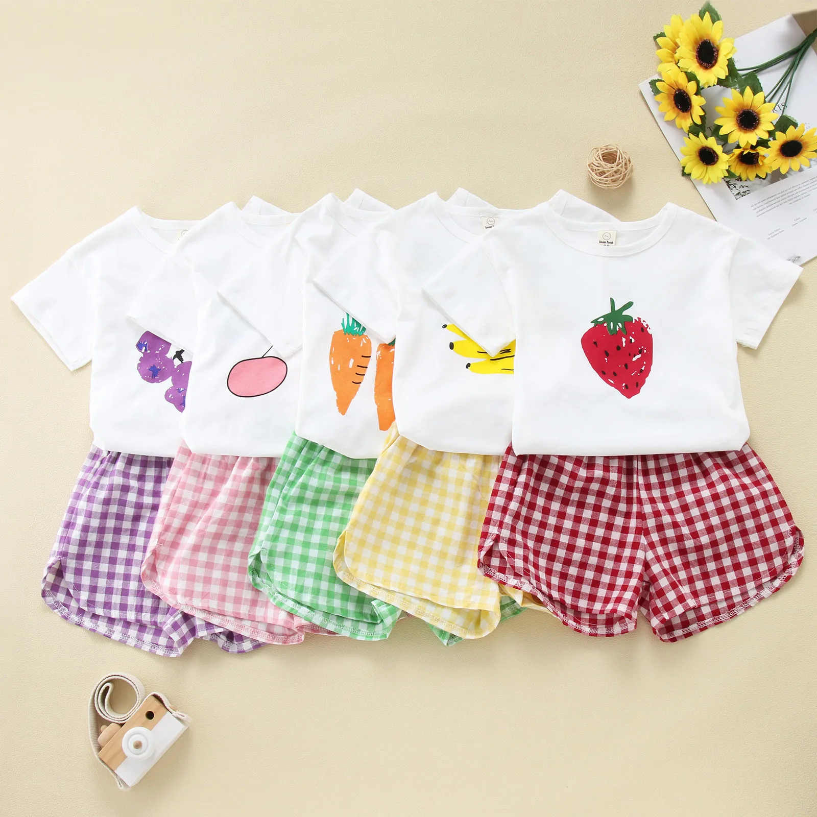 Toddler Boys Girls Clothes Set Kids Short Sleeve Cute Fruit Print Floral T Shirt Tops Plaid Shorts Casual 2PCS Outfits ropa niña