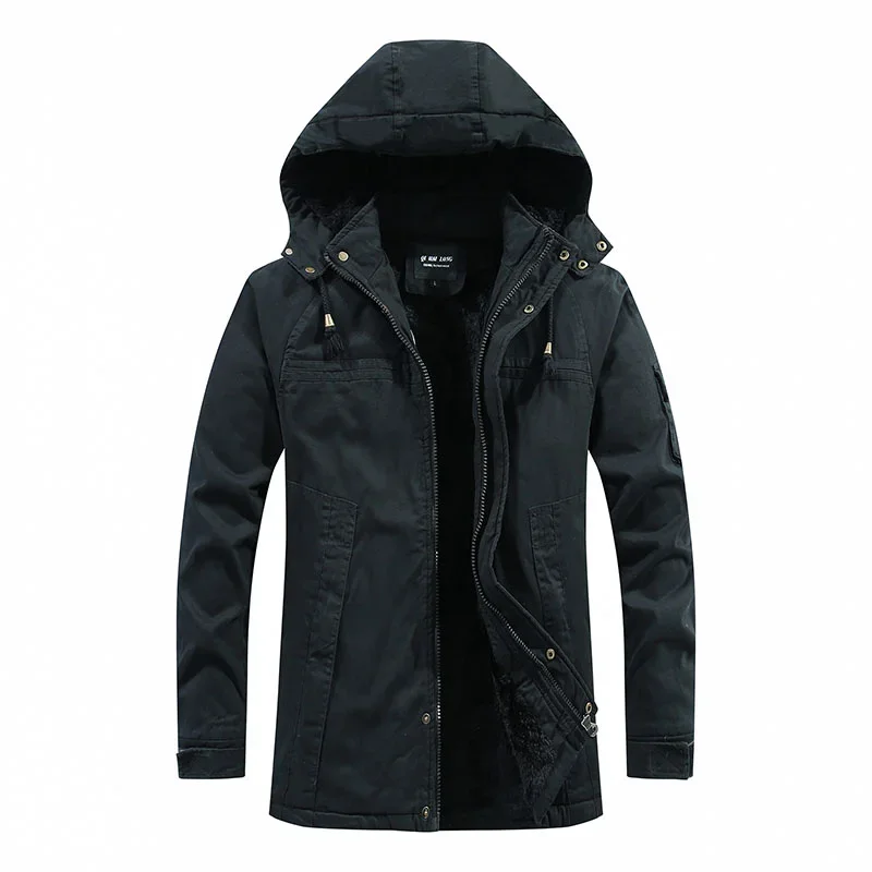 2024 Herren Winter jacke Fleece Kapuze dicke warme Parka Männer Pelzmantel männlich Herbst Anorak lange schwarze Vintage Militär Wind jacke