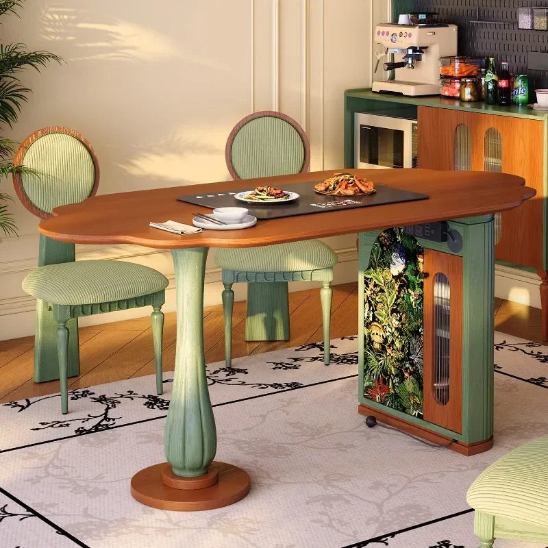 

French medieval style dining table Household small apartment French retro style solid wood dining table Green ash dining