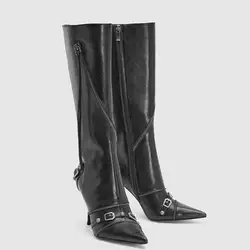 Cool Girl Motorcycle Long Boots Fashion Pointed Toe Rivet Knee High Booties Autumn Winter Ladies Dancing Party Prom Shoes