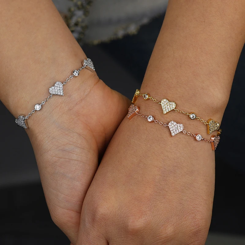 Cute Lovely CZ Station Link Chain Jewelry 3 Color Sparking 5A Cubic Zirconia Heart Charm Bracelet