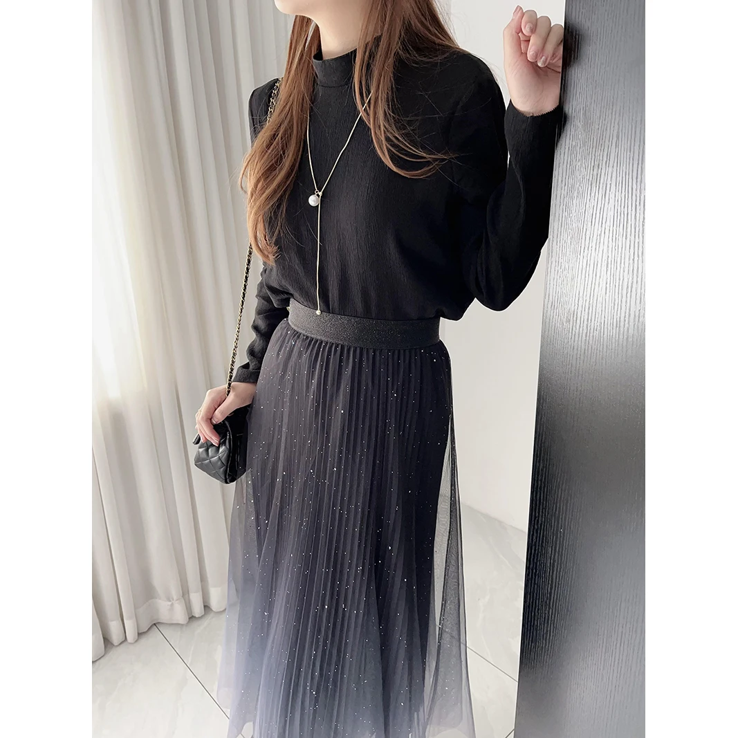 

Женская универсальная базовая футболка Ele Slimming с воротником-стойкой, плиссированной текстурой и длинными рукавами для повседневной носки