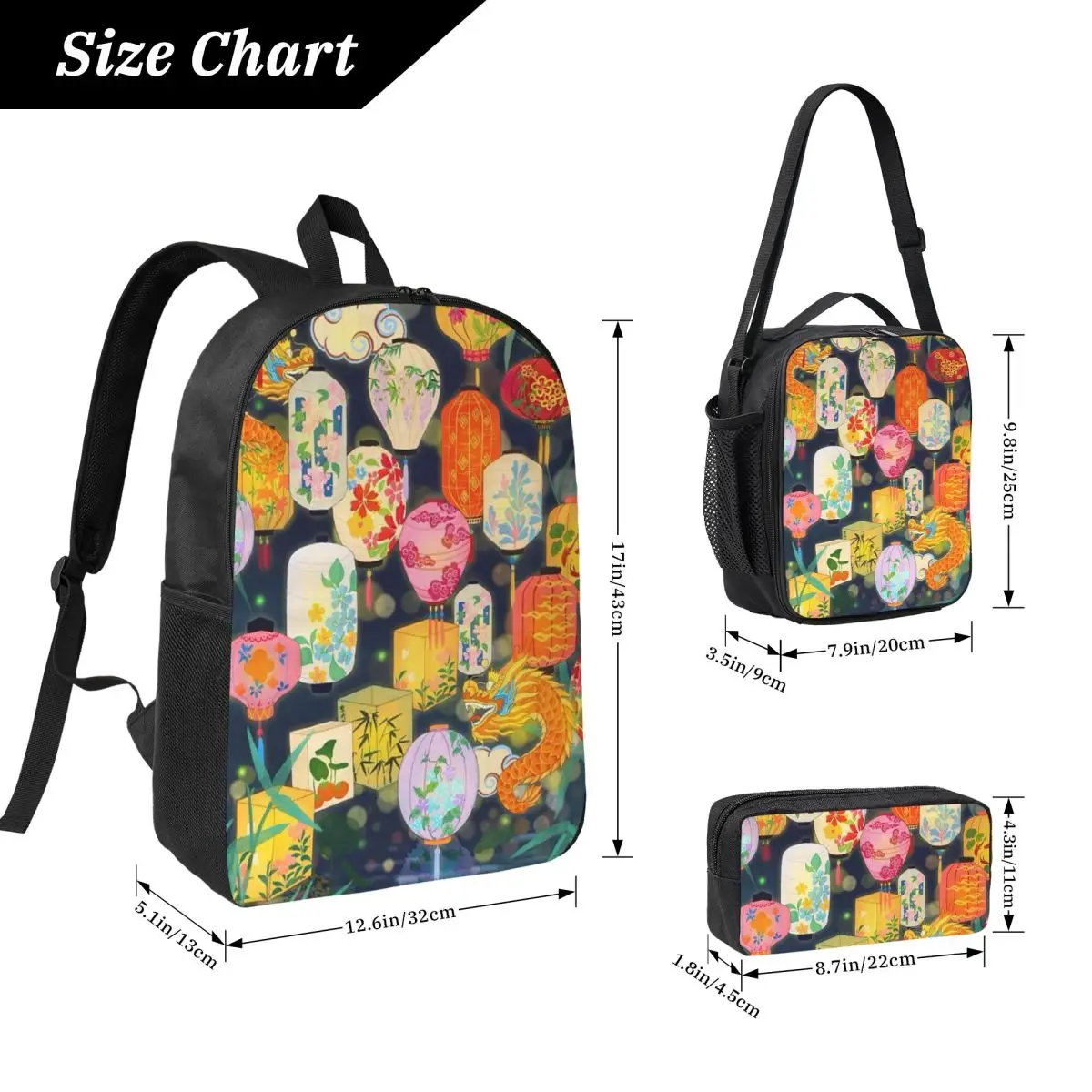 Traditional Chinese Lantern Backpack Boys Girls BookBag School Bag Computer Shoulder Bags 3ps Insulated Lunch Bag Pencil Case