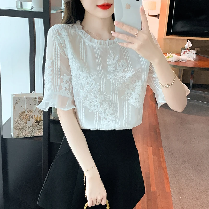 Flare Sleeve Blouse White Shirt Women Summer Sweet and Elegant Blouses Lace Chiffon Ladies Tops Clothing O-neck Shirts for Women