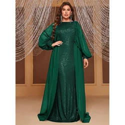 Plus Size Round Neck Chiffon Long Sleeve Luxury Floor-Length Shiny Evening Dress 4xl 5xl Big Size Dinner Sequin Prom Gown Women