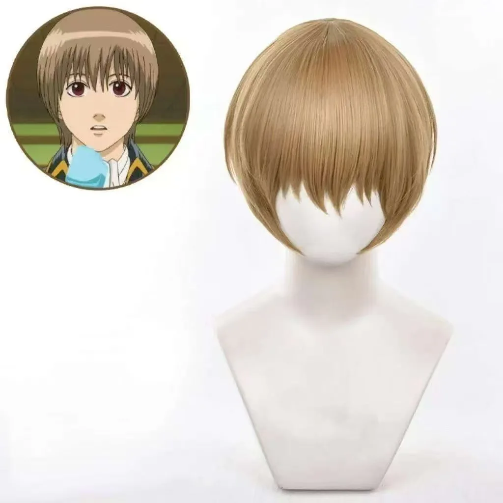 أنيمي أوكيتا سوجو شعر مستعار تأثيري مع لصقة عين جودة عالية Sougo جينتاما أوكيتا شعر مستعار تأثيري بني فاتح شعر قصير + غطاء شعر مستعار مجاني