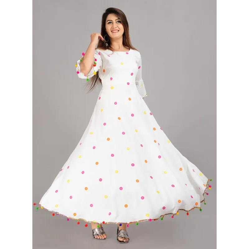 

Indian Rayon Kurtis White Polka Dot Print Women Anarkali Kurtis Suit Formal Wear