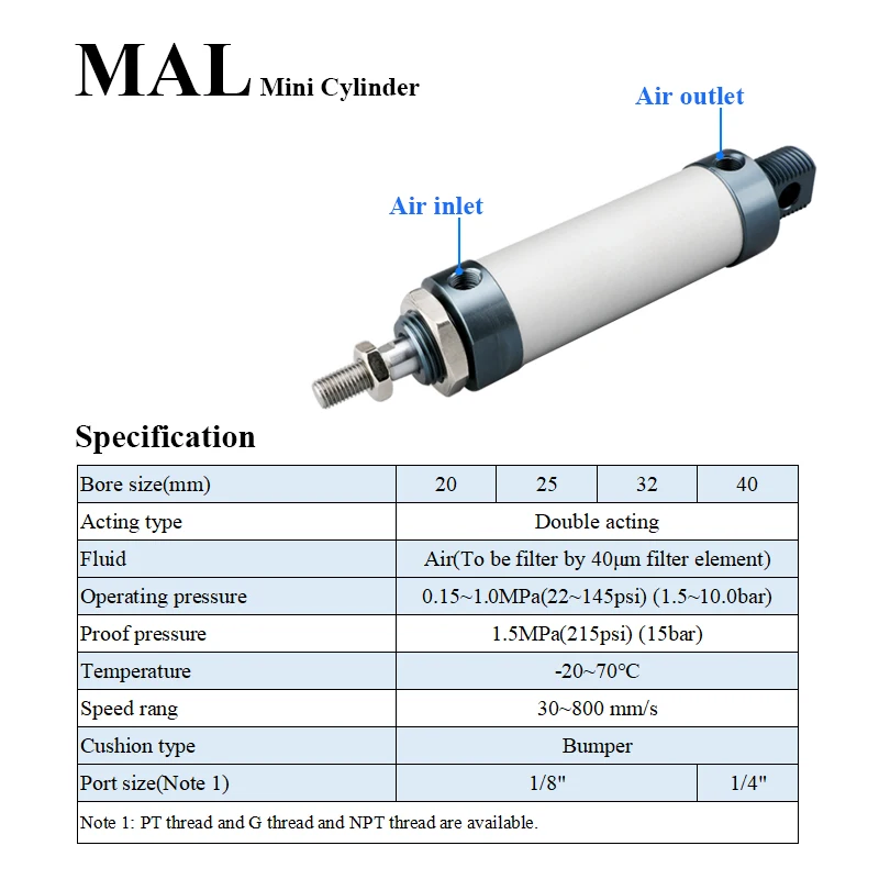 Pneumatic Mini Cylinder MAL 16/20/25/32mm Bore 25/50/75/100/200/300/400/500mm Stroke Single Lever Pneumatic Air Cylinder