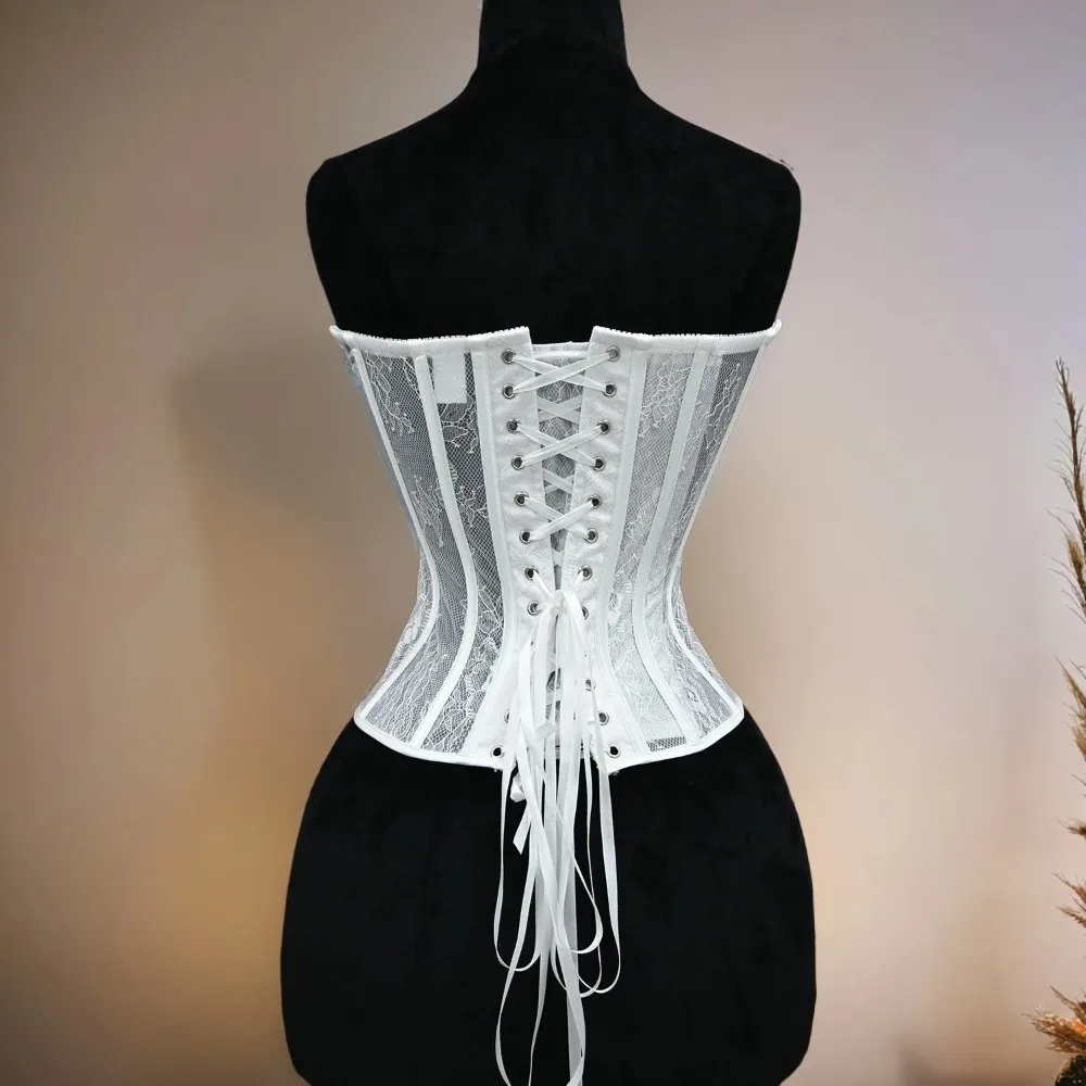 Women Overbust Corset Tops Transparent Mesh Bodices Lace Up Boned Waist Trainer Shaping Strapless Sexy Bustier view 2