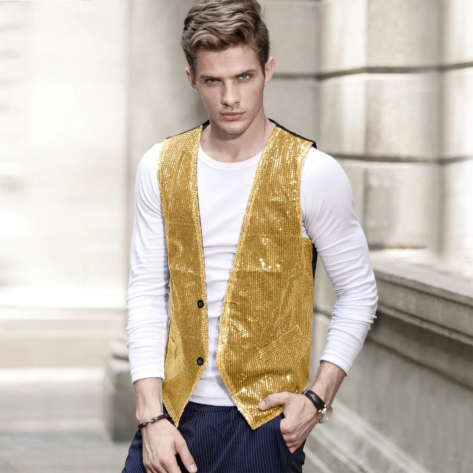 Male Shiny Sequin Blazer Vest Sparkling High Street Vest Waistcoat Streetwear Evening Wedding Men's Glitter Formal  Dress Vests