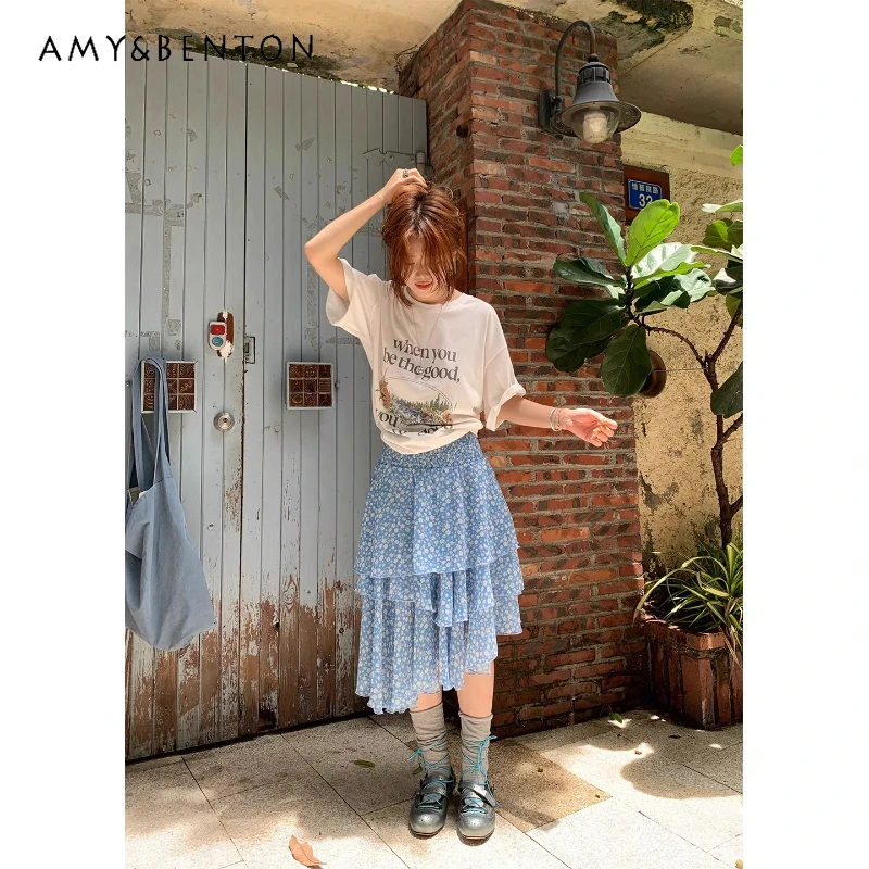 Korean 2025 Summer Blue Floral Irregular Women's A-line Skirt New Design Sweet Cute Versatile Thin Medium Long Skirts ladies