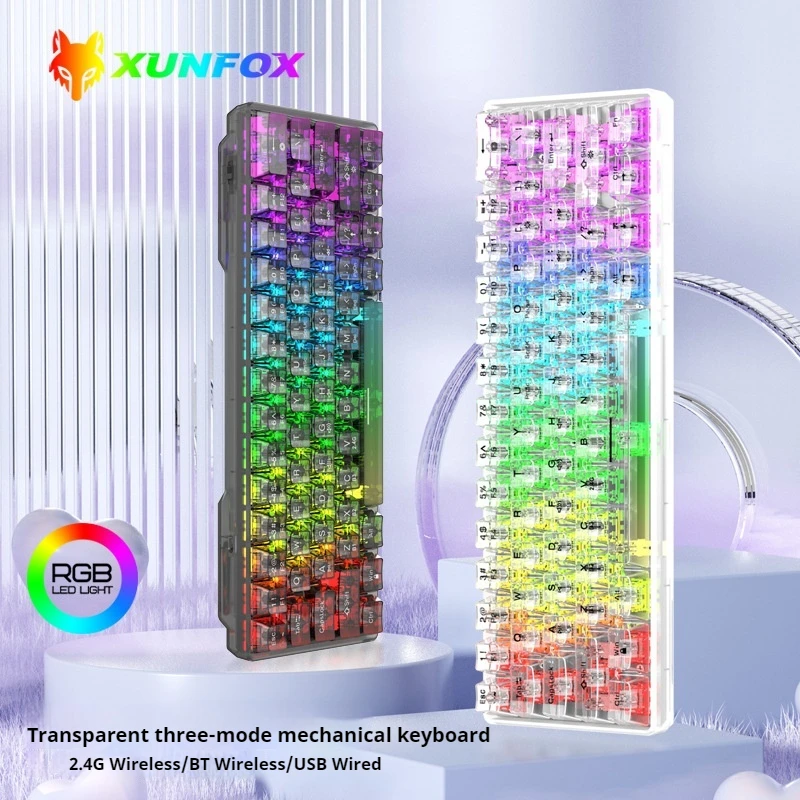 Xunsvfox K30pro Keyboard Three Mode Transparent Mechanical Keyboard White Axis Hot Plug Customized Rgb Keyboard Office Game