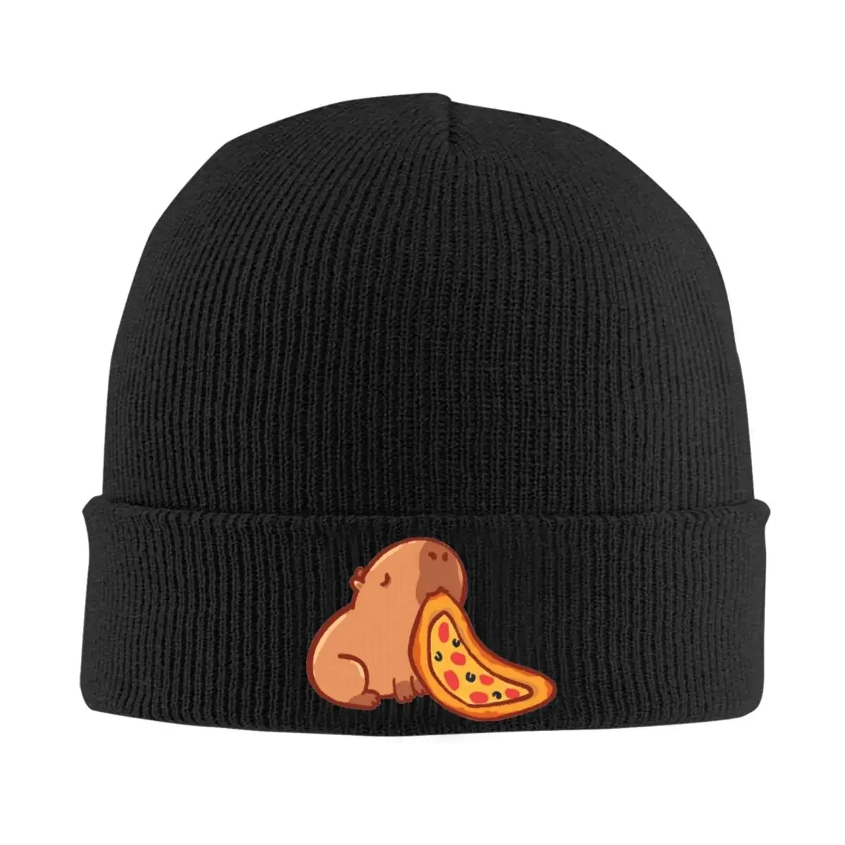 Capybara Eating A Pizza Beanie Hats Retro Caps Men Women Outdoor Skullies Beanies Winter Graphic Head Wrap Beanie Hat