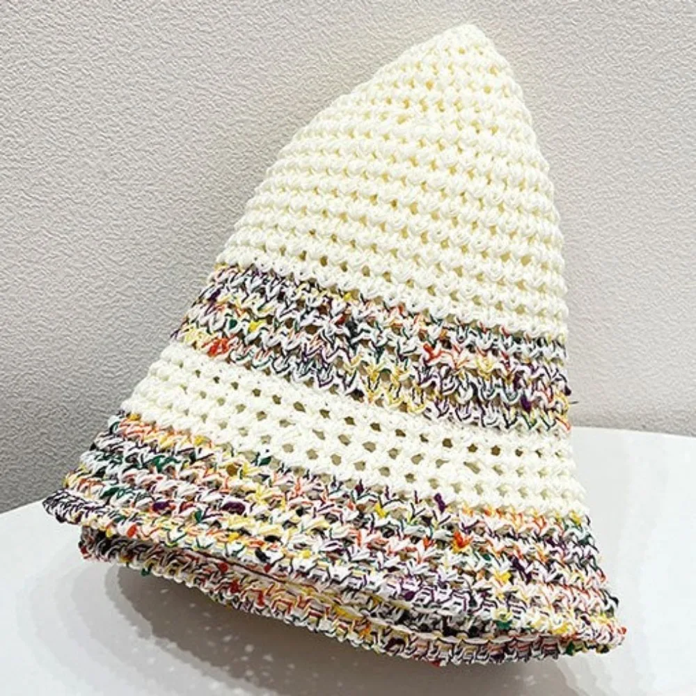 Fashion Woven Straw Bucket Hat Hollow Knit Colorful Beach Sun Hat Adjustable Casual Fisherman Hat Summer