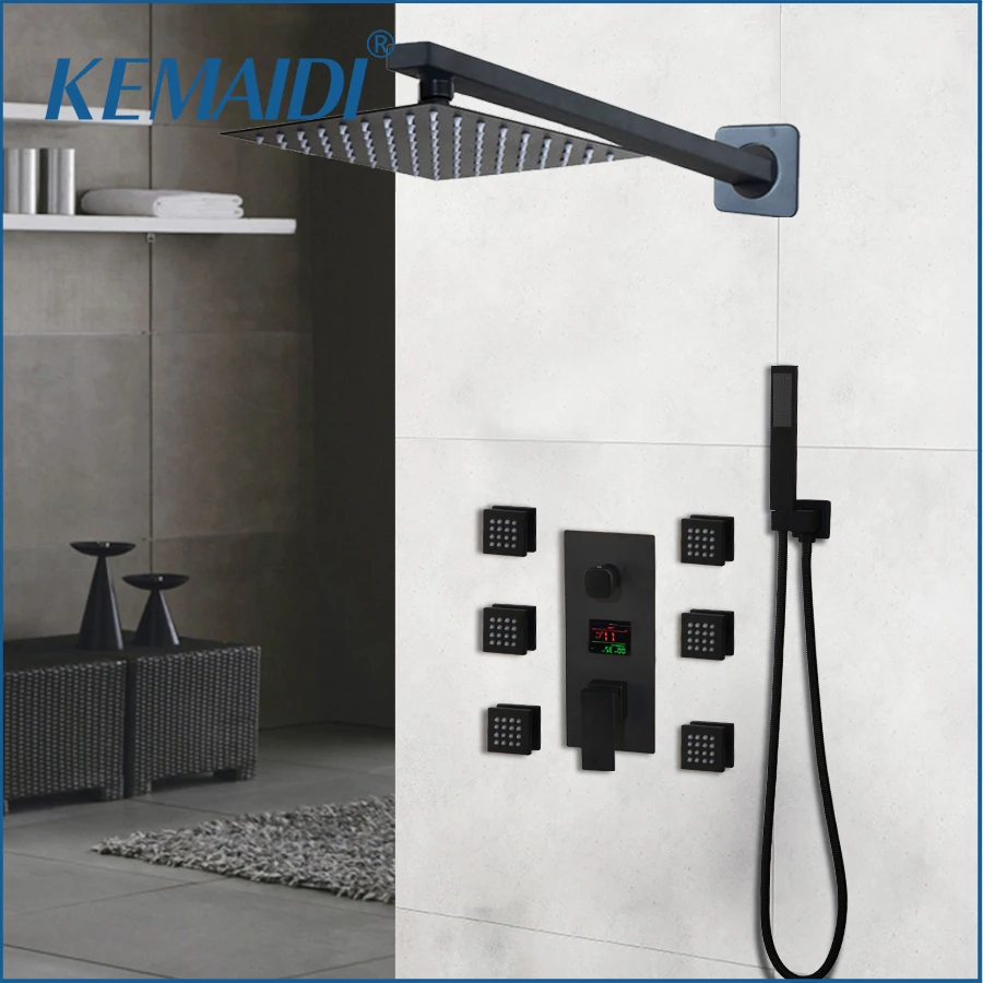 

KEMAIDI Digital Display Shower Faucet Black Shower System with 6pcs Massage Body Jets LED Rainfall Shower Head Hand sprayer