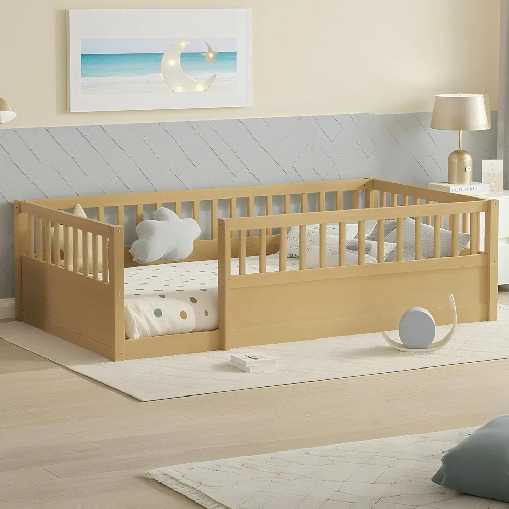 إطار سرير أرضي مزدوج الحجم من Bellemave، 19.6 إطار سرير مونتيسوري خشبي عالي السياج، سرير مزدوج بطابقين منخفض إلى الأرض، لا #3