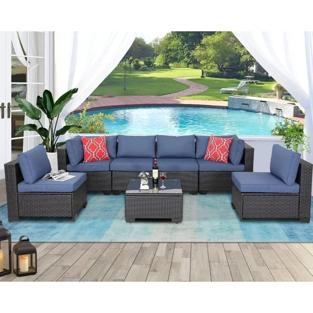 XMSJ mobili da giardino Set da 7 pezzi per Patio, Set da Patio componibili in Rattan PE con cuscini e caffè in vetro, mobili da giardino