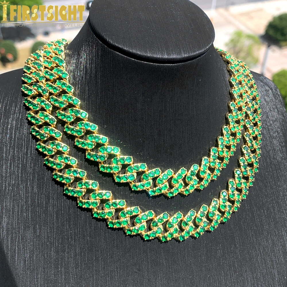 New Gold Color Green Cuban Link Miami Necklace 14mm Full Iced Out Bling Zircon Hip Hop Fashion Women Men Jewelry