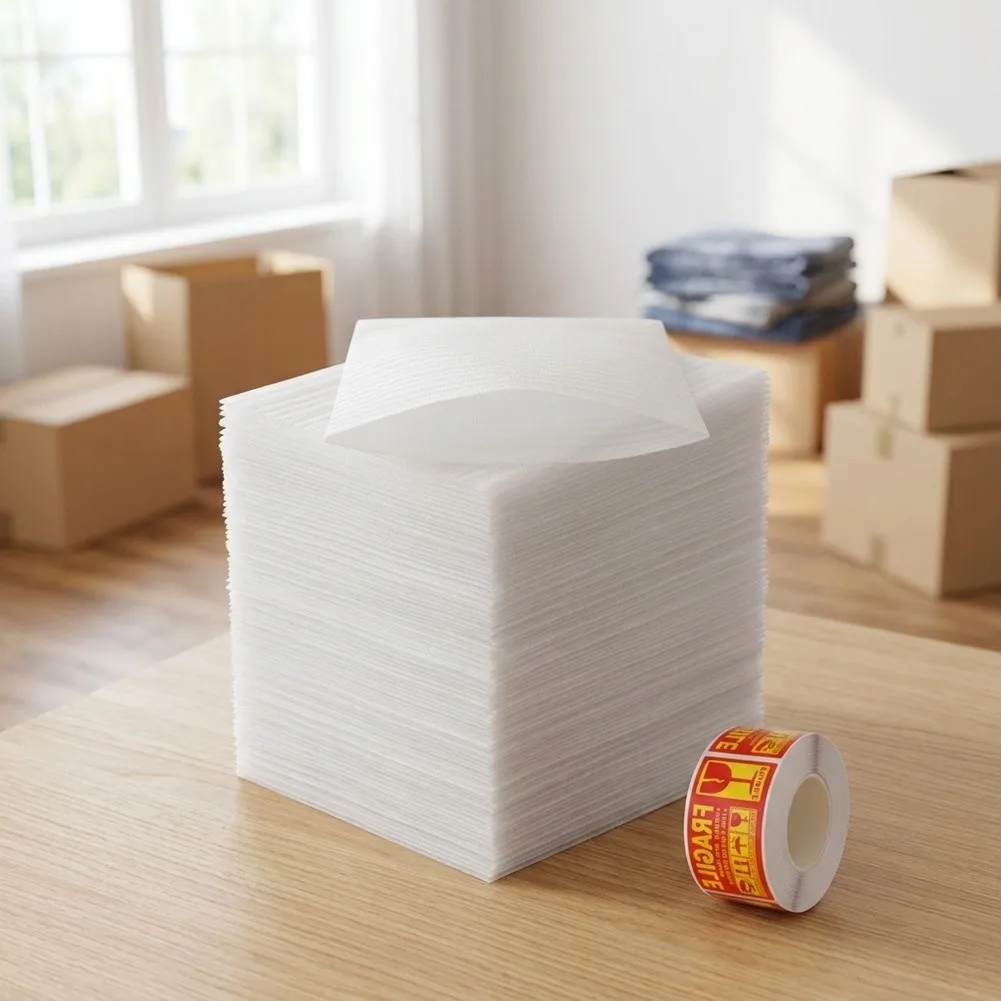 For Moving Packing Supplies 100pcs White Foam Pouches 30x30cm with Roll of Red Fragile Labels for Dishes Glasses Cups