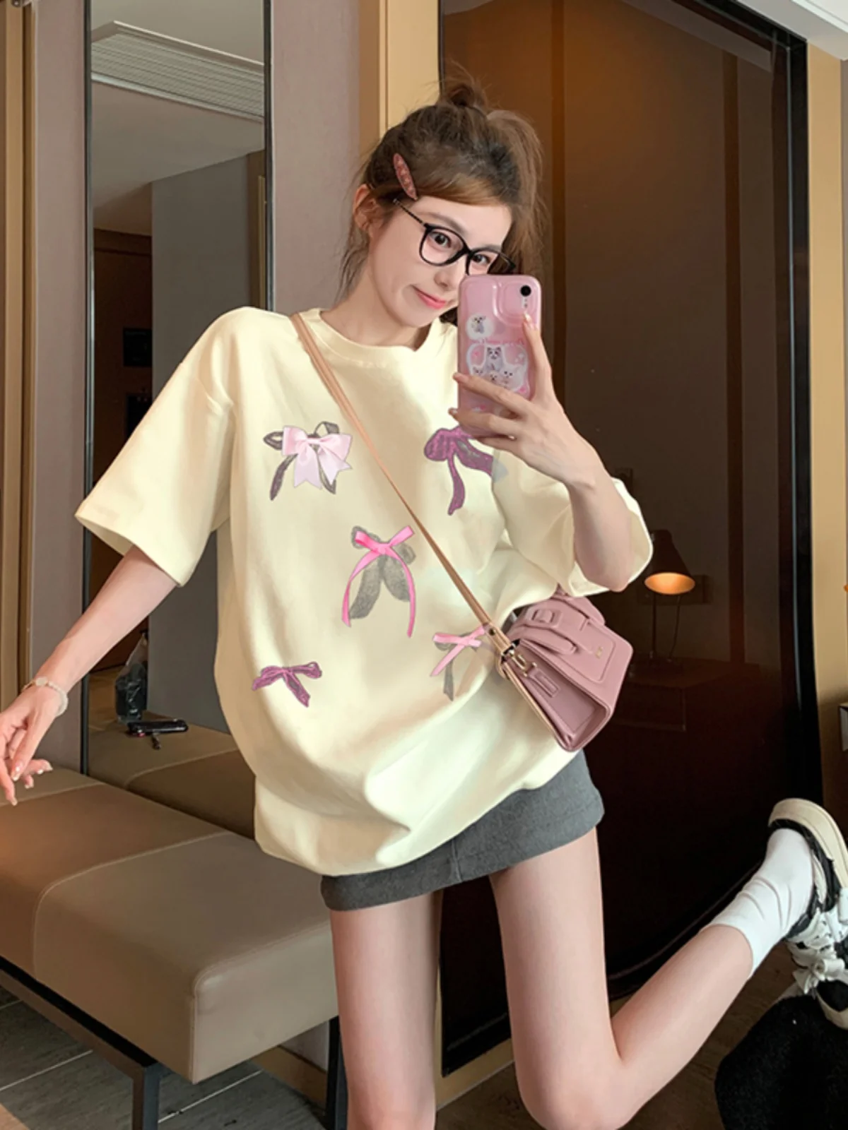 Korean Style  Knot Short Sleeve T-Shirt Women Summer New Loose Fashionable Cotton round Neck Print Top for Younger Look