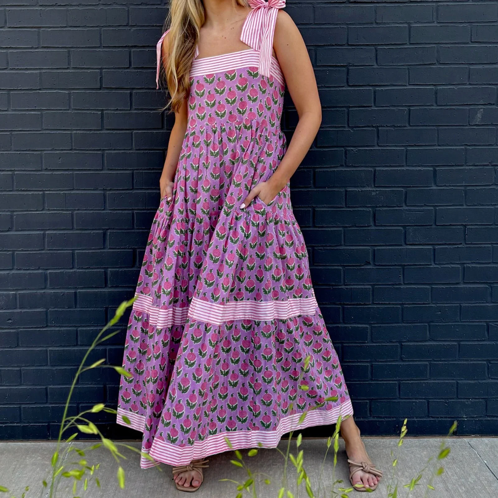 Abito lungo da donna con stampa floreale a righe con spalline allacciate Abito Cami Abito casual senza maniche alla moda estiva