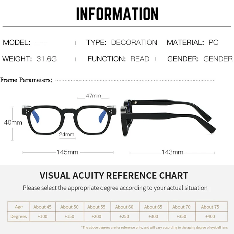 نظارات قراءة عالية الجودة للرجال والنساء بإطار مربع خفيف الوزن ومضاد للضوء الأزرق نظارات طويلة النظر عالية الوضوح #5