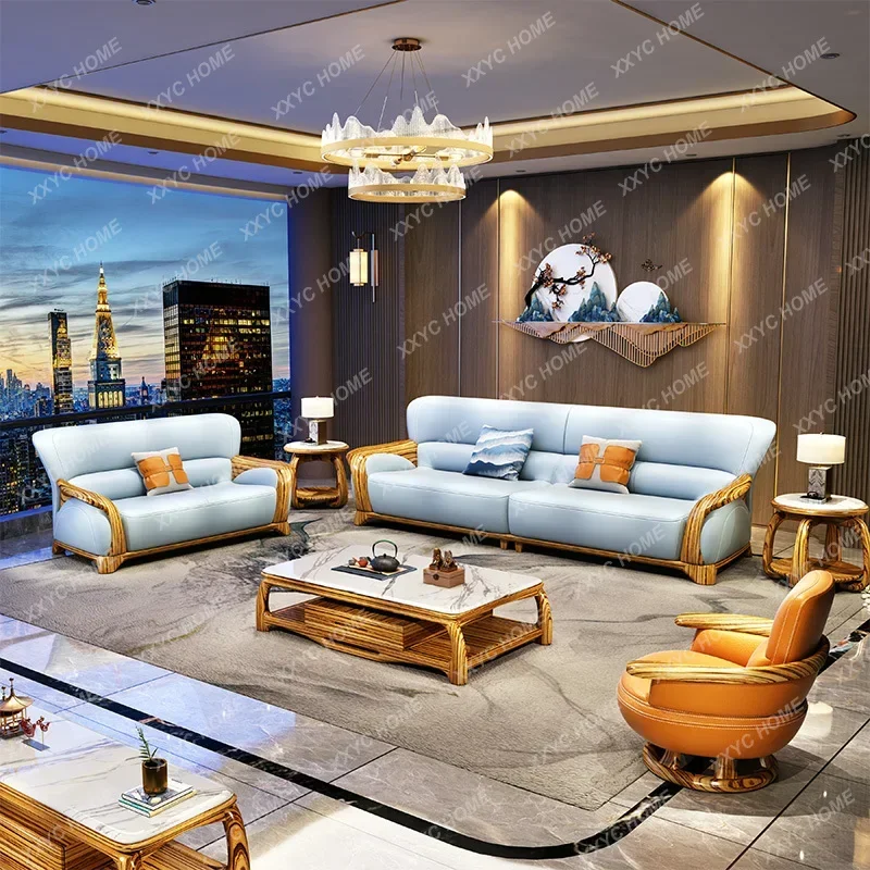 

Ugyen Wooden Sofa First Layer Cowhide New Chinese Style Big Zebra Series Solid Wood Extra Thick Leather Sofa