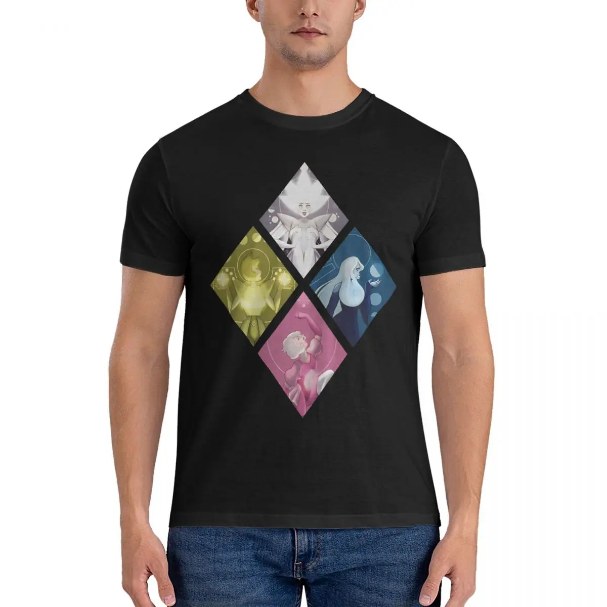 Diamonds Mural T-Shirt for Men Steven Universe Novelty Pure Cotton Tees Round Collar Short Sleeve T Shirts 6XL Tops