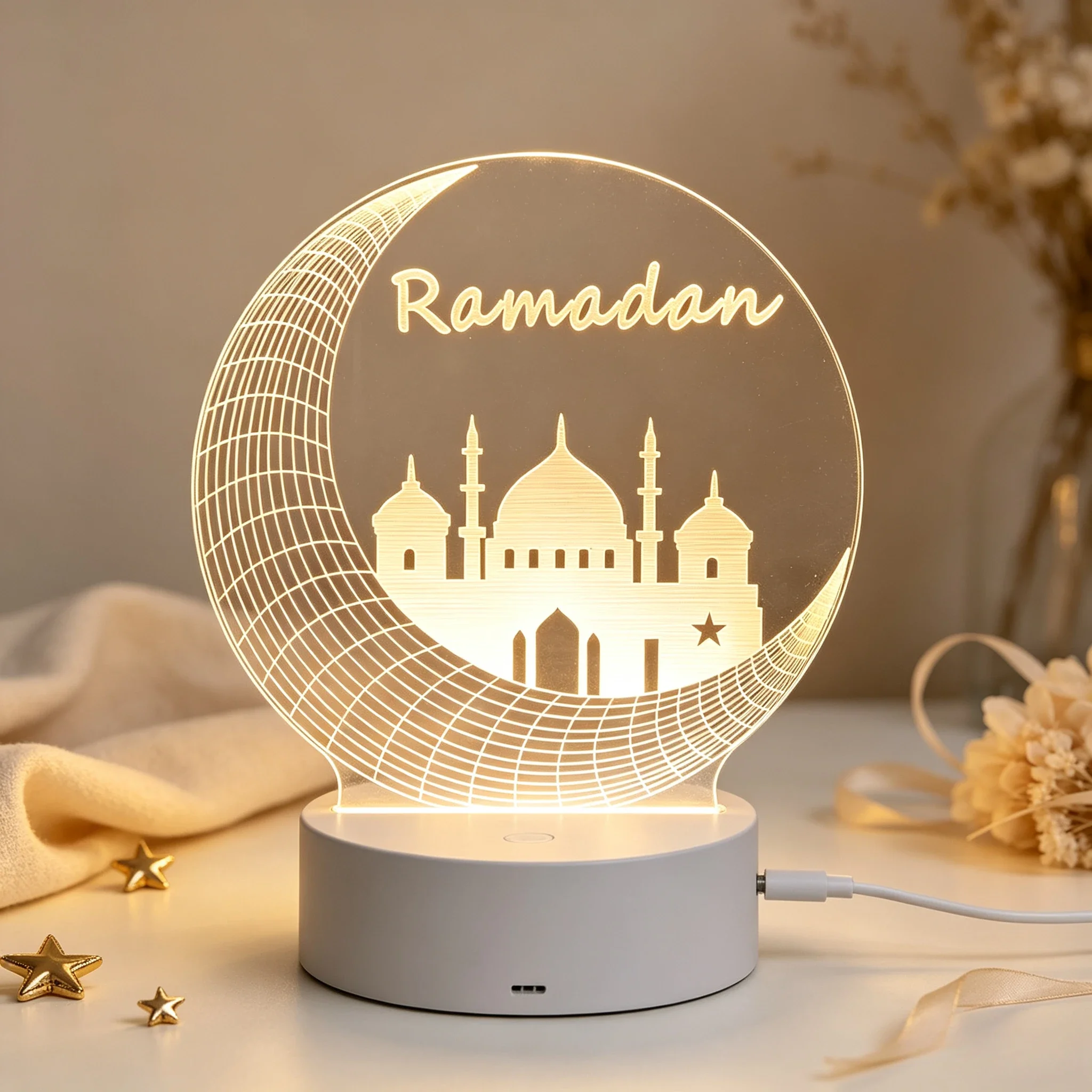 Ramadan Crescent Acrylic LED Night Light, Mosque Star Moon Pattern USB Table Lamp Islamic Ramadan Home Decor Gift