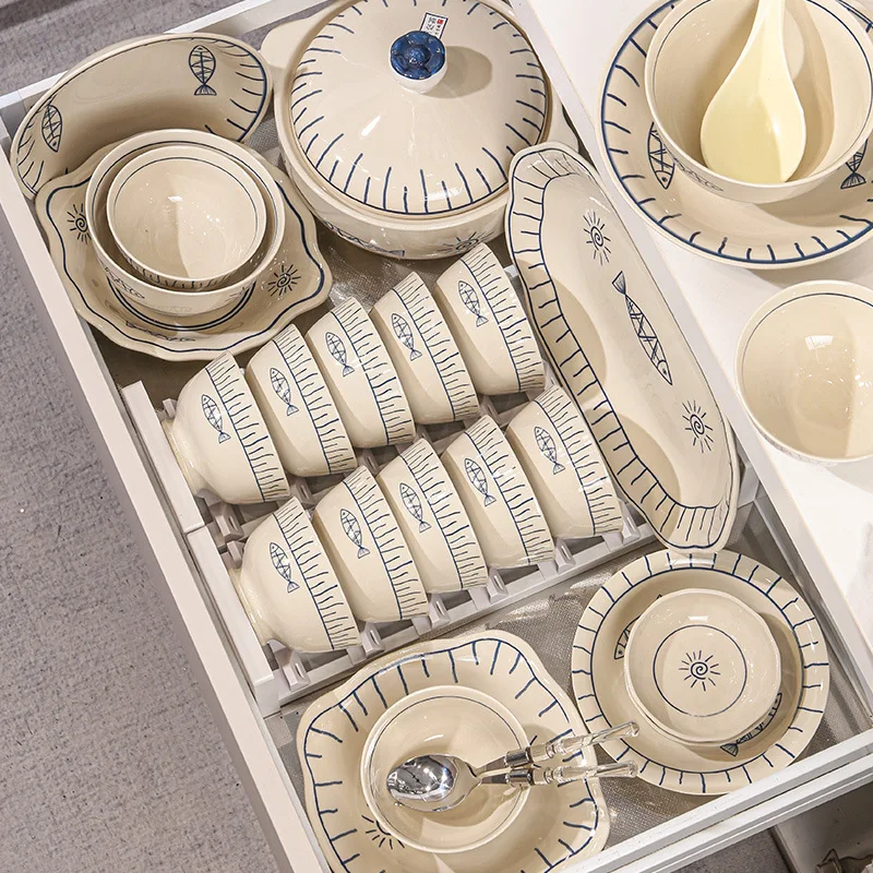 

Dish set, Japanese simple ceramic tableware full set of household rice bowl, soup bowl, vegetable plate combination gift set