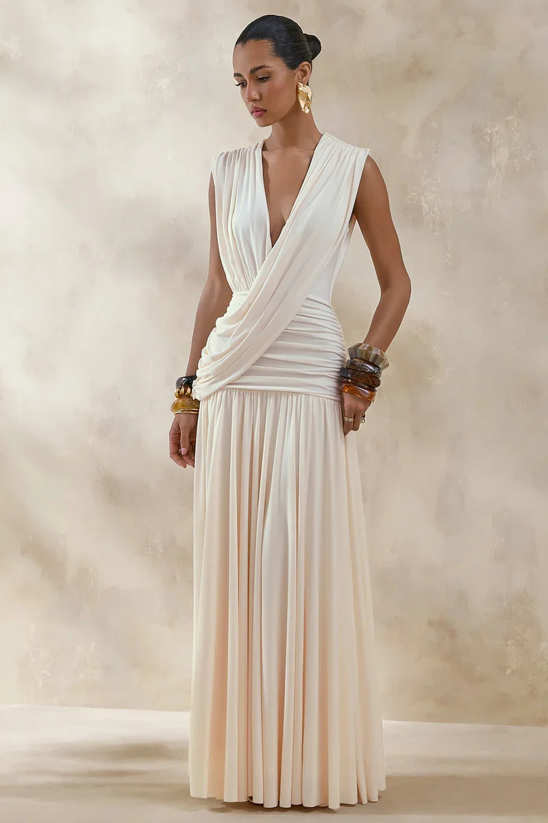 Mozision Elegant Deep V Neck Sexy Maxi Dress Women Fashion Sleeveless Draped Ruched Waist Bodycon Club Party Long Dresses Female