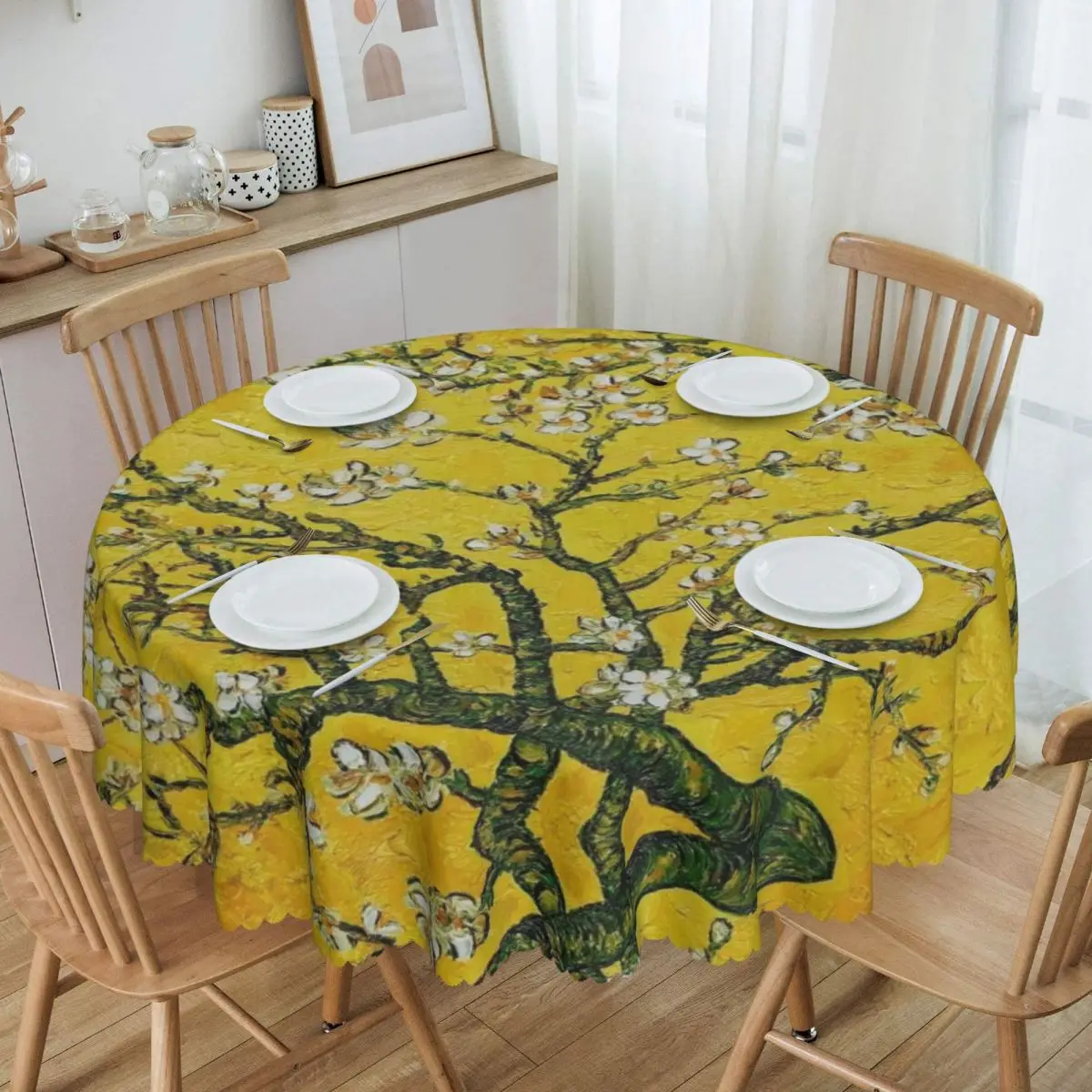 Custom Oilproof Almond Blossoms Yellow Table Cover Vincent Van Gogh Flowers Tree Tablecloth for Picnic 60 inches Table Cloth