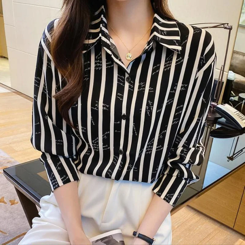 2025Spring and Autumn Elegant Female Blouses ﻿ Loose Striped All-Matching Single-Breasted Shirts Ladies Blouse