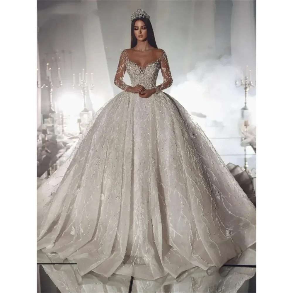 

Роскошное сверкающее свадебное платье трапециевидной формы с сердечком и длинными рукавами, кружевные платья для выпускного вечера из бисера, Дубай, арабское свадебное платье по индивидуальному заказу