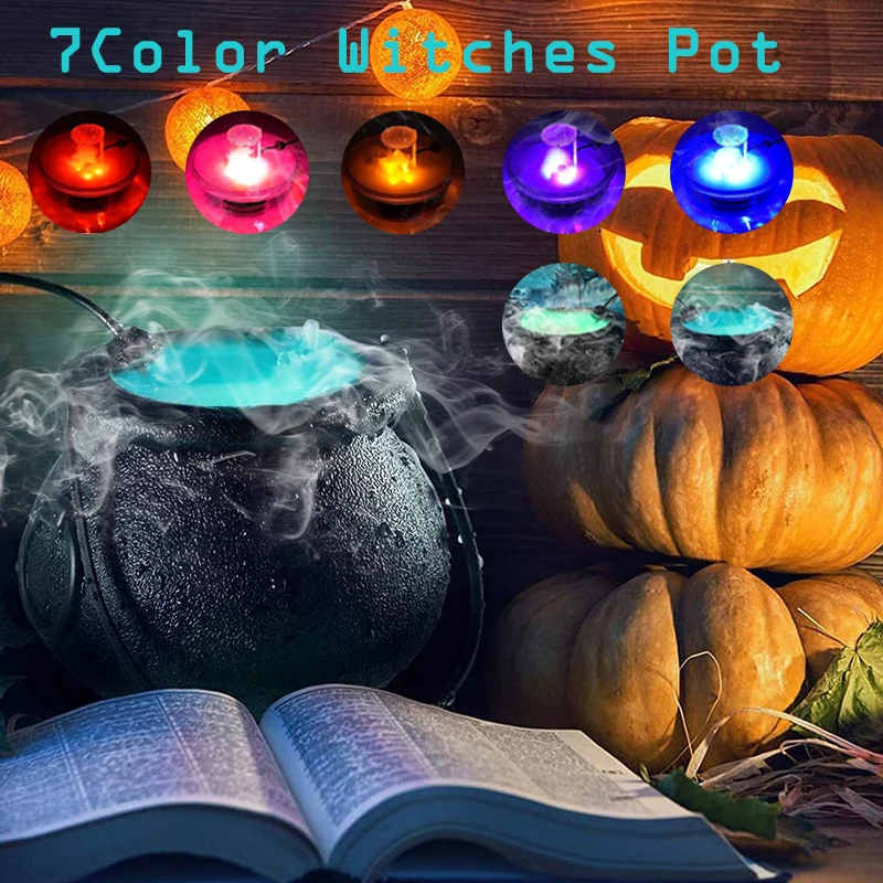 7 Color Glow Witch Cauldron DIY Smoking Bucket Halloween Decoration Spooky Vintage Party Decor for Home Table Kitchen Room Porch