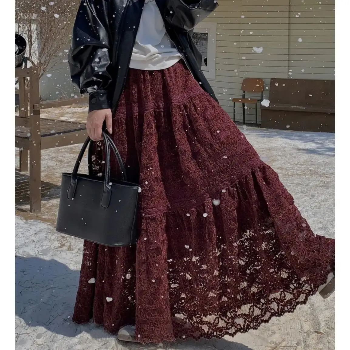 French Style Elegant Vintage Splicing Lace Crochet Skirt Autumn Winter New Korean Fashion High Waist A Line Long Skirt for Women