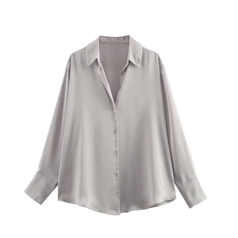 PB & ZA 2024 primavera nuovo stile moda donna Casual sciolto Versatile camicia in raso di seta Texture