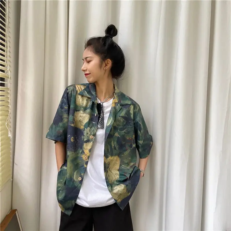 Vintage Korean Fashion Casual Printing Blouses Loose Button Turn-down Collar Handsome 2023 Women's Clothing Summer Thin Cardigan