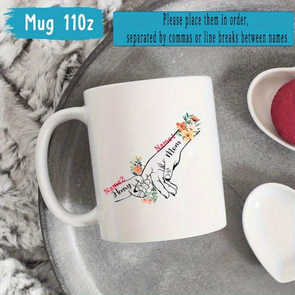 Custom Mother and Child Holding Hands 11 oz Ceramic Mug - Personalized Mother's Day Gift with Floral Design and Name Engraving