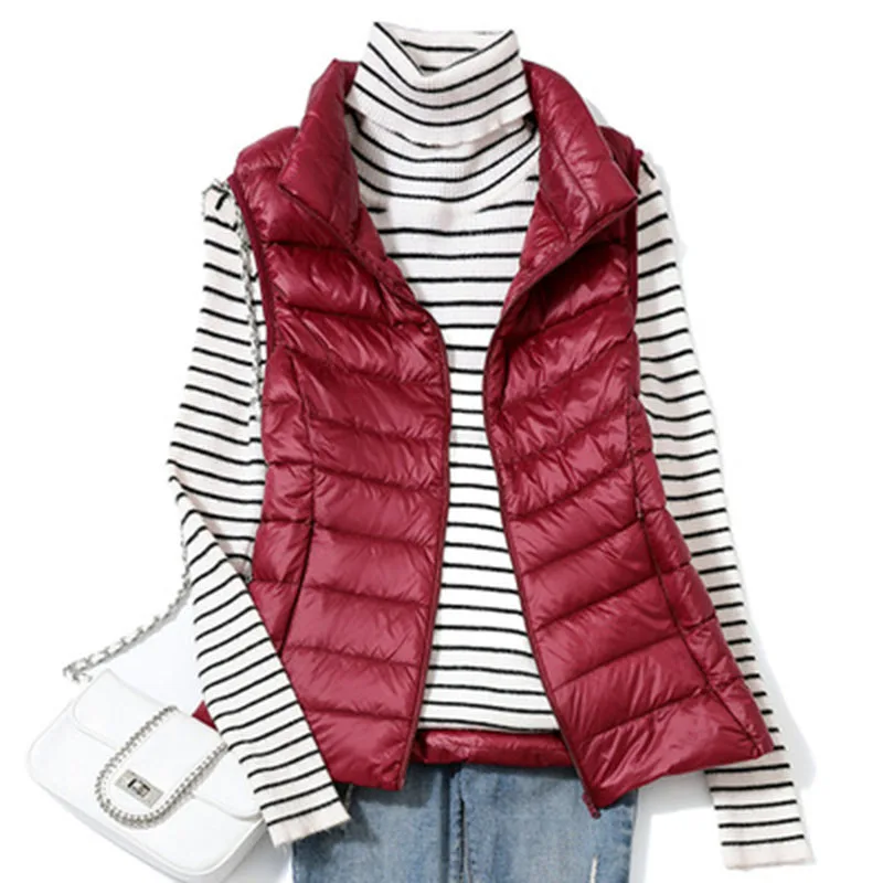 Ultra leve para baixo colete feminino colete curto à prova de vento leve quente feminino sem mangas pato branco para baixo casaco jaquetas